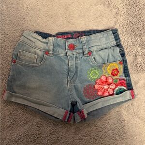Desigual Girls Jean Shorts - Light Blue with Colorful Embroidery